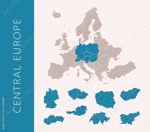 Central Europe map with regions. Includes Germany, Austria, Switzerland, Poland, Czech Republic, Slovakia, Hungary, Slovenia, Croatia. High detail, vector on white background.