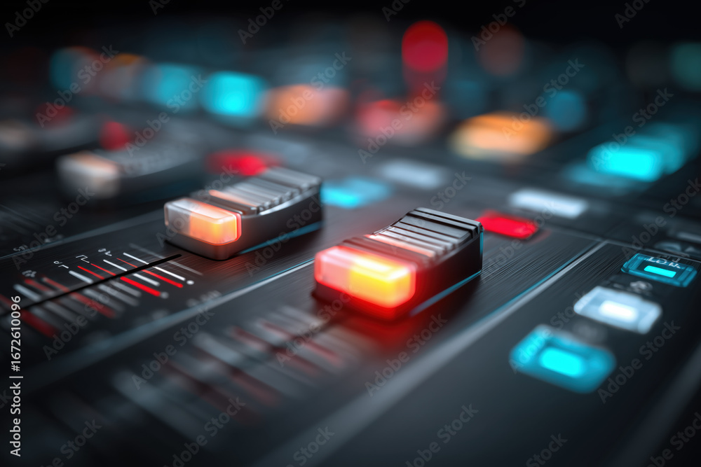 Obraz premium High-tech sound mixing console with illuminated controls and sliders in a modern studio setting