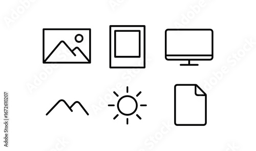 simple outline stroke icon isolated on white background: image photo frame screen icon mountain line sun circle file mark