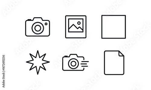 simple outline stroke icon isolated on white background: snapshot instant photo frame border burst quick capture paper edge