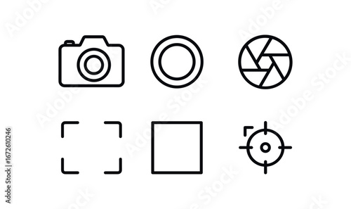 simple outline stroke icon isolated on white background: capture camera lens shutter click focus mark frame box dot