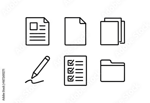 simple outline stroke icon isolated on white background: documentation paper sheet file stack pen mark checklist page folder icon