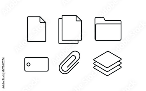 simple outline stroke icon isolated on white background: file paper sheets folder cover label tab clip edge stack pile