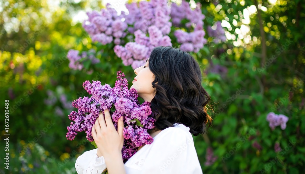Fototapeta premium A woman gazes serenely at a bountiful display of lilac blossoms, bathed in natural light, showcasing the delicate beauty of spring.