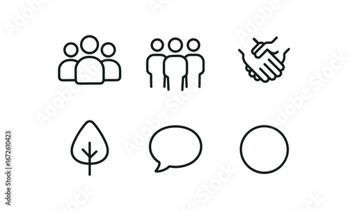 simple outline stroke icon isolated on white background: gathering group figures joined hands tree icon speech bubble circle mark