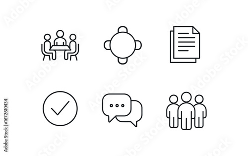 simple outline stroke icon isolated on white background: meeting round table note sheets clock mark chat bubbles group figures