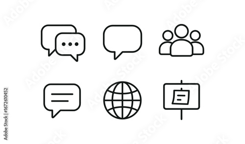 simple outline stroke icon isolated on white background: forum speech bubble people icons chat lines globe mark post board