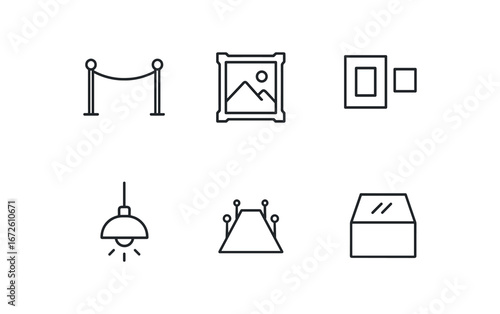 simple outline stroke icon isolated on white background: exhibition art frame gallery lamp glow floor path display case