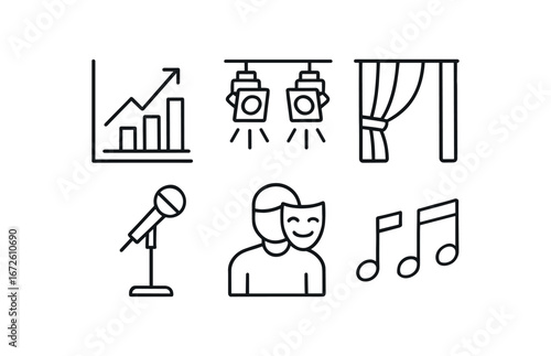 simple outline stroke icon isolated on white background: performance stage lights curtain fold microphone stand actor figure music notes