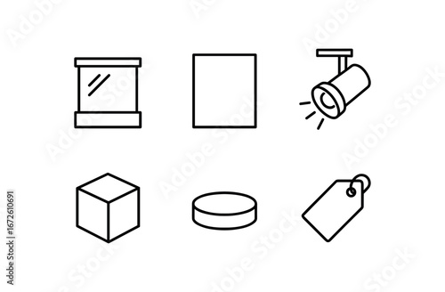 simple outline stroke icon isolated on white background: showcase glass frame spot light product box stage stand tag label