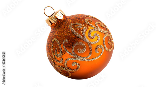 Orange Christmas Ornament with Gold Swirls isolated on a transparent background