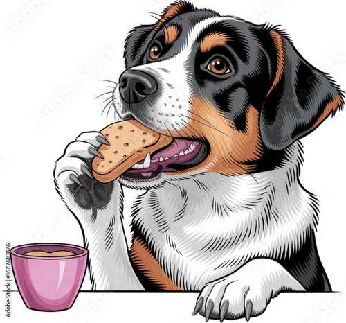 Delightful Feast: A happy dog indulges in a biscuit, showcasing a moment of pure canine contentment and capturing a playful, joyous scene of canine delight.