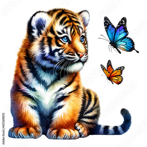 Playful Tiger Cub with Butterflies: A charming tiger cub sits peacefully, gazing at vibrant butterflies. Their friendship captures the innocence of the wild.