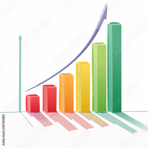 Futuristic illustration of dynamic business growth, depicting financial progress with an ascending bar chart and a powerful upward arrow