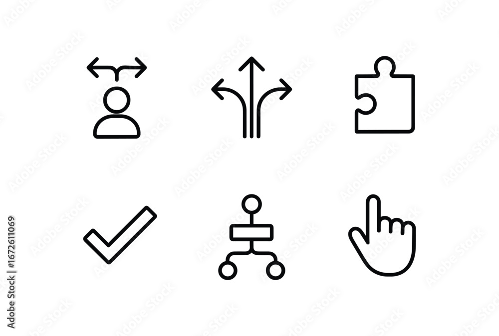 Fototapeta premium simple outline stroke icon isolated on white background: choice branching arrows puzzle piece tick mark decision path hand icon