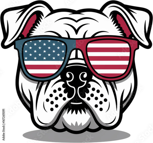 Patriotic Bulldog: A charismatic bulldog sporting sunglasses adorned with the American flag, exuding a spirit of patriotism and national pride.