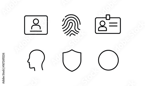 simple outline stroke icon isolated on white background: identity fingerprint mark ID card profile face shield icon circle ring