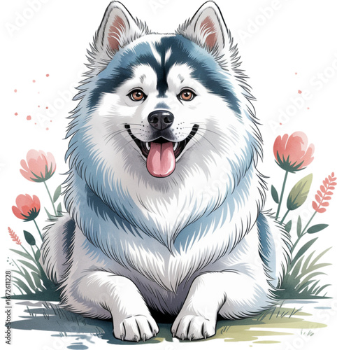 Fluffy Husky Dog in Flower Field: A cute and fluffy husky dog, with stunning coat marking, sits happily surrounded by vibrant flowers and a lush meadow background.