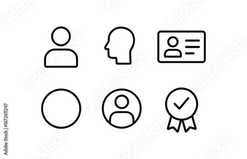 simple outline stroke icon isolated on white background: individual profile head ID card circle ring user icon badge mark
