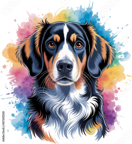 Playful Pet Portrait: A vibrant watercolor depiction of a charming canine companion, its soulful eyes and multicolored splashes capturing the essence of joy.