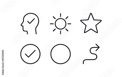 simple outline stroke icon isolated on white background: certainty sun glow mark check icon circle line true path