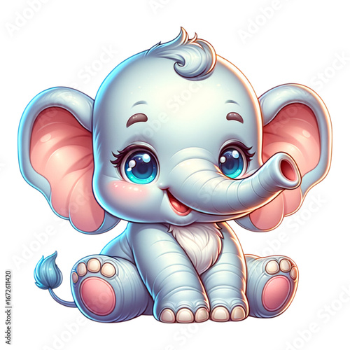 Playful Baby Elephant: A cheerful baby elephant with a gentle demeanor and endearing eyes, sits cutely, radiating warmth and affection, promising smiles and delight.