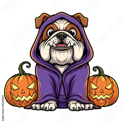 Cute Bulldog Wearing Purple Hooded Cloak With Halloween Pumpkins Cartoon Illustration