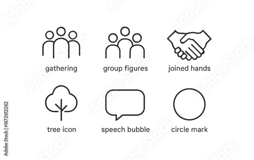 simple outline stroke icon isolated on white background: gathering group figures joined hands tree icon speech bubble circle mark