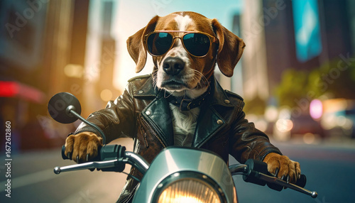 Dog wearing sunglasses riding motorcycle through city streets