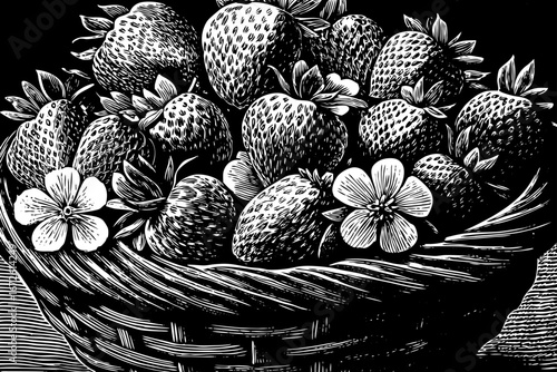 basket filled with strawberries decorated with flowers, charming organic arrangement, elegant still life black and white sketch