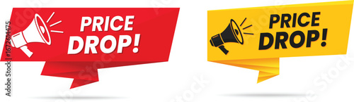 Price drop banner set with red and yellow ribbon label discount tag megaphone icon special sale promotion announcement marketing sticker isolated vector illustration design