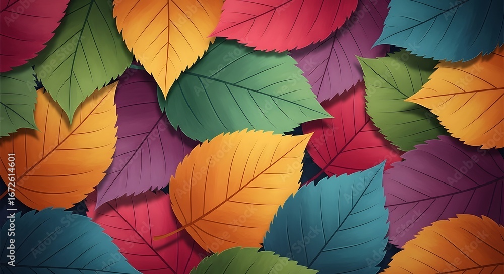 Obraz premium A vibrant and colorful arrangement of fallen autumn leaves in various shades of red, orange, yellow, green, and blue, creating a rich tapestry