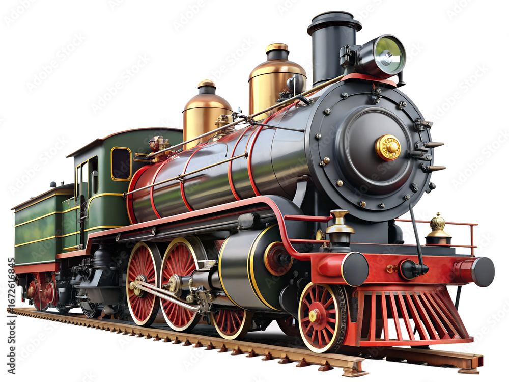 Naklejka premium Magnificent vintage steam locomotive showcasing intricate details and classic design on railroad tracks