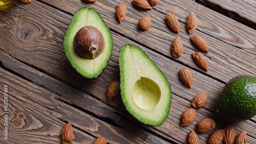 Assortment of natural superfoods including avocado, almonds, and olive oil rich in vitamins and beneficial lipids