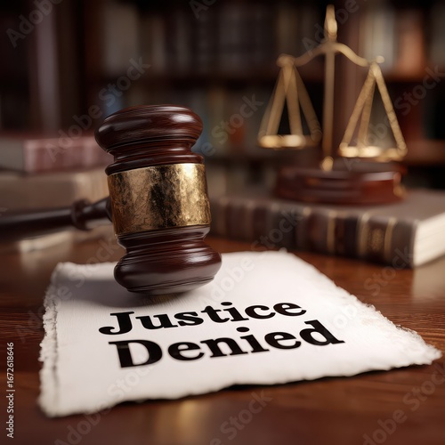 A wooden gavel lies on a paper labeled 'Justice Denied,' symbolizing failed justice in a courtroom setting.