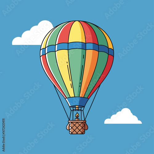 A colorful hot air balloon floats serenely among fluffy white clouds in a clear blue sky.