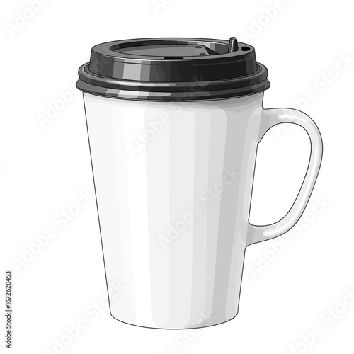 White paper coffee cup with black lid and handle.