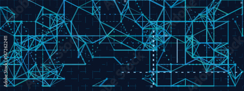 Abstract geometric vector tech background with interconnected lines and shapes.