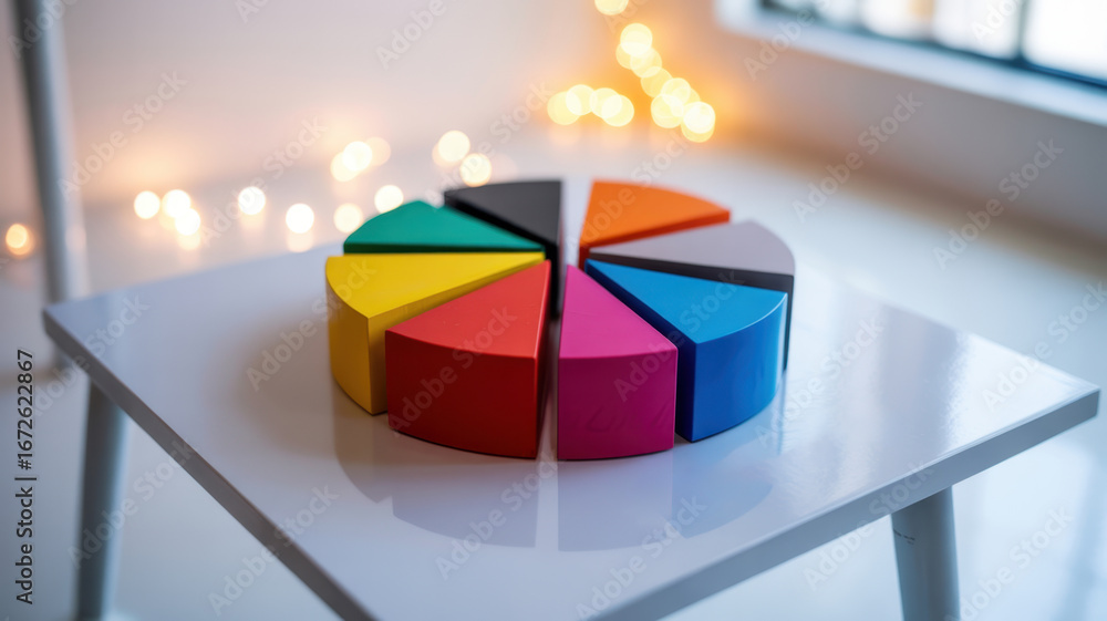 Fototapeta premium Colorful wooden pie chart with eight segments on a table with bokeh lights in the background