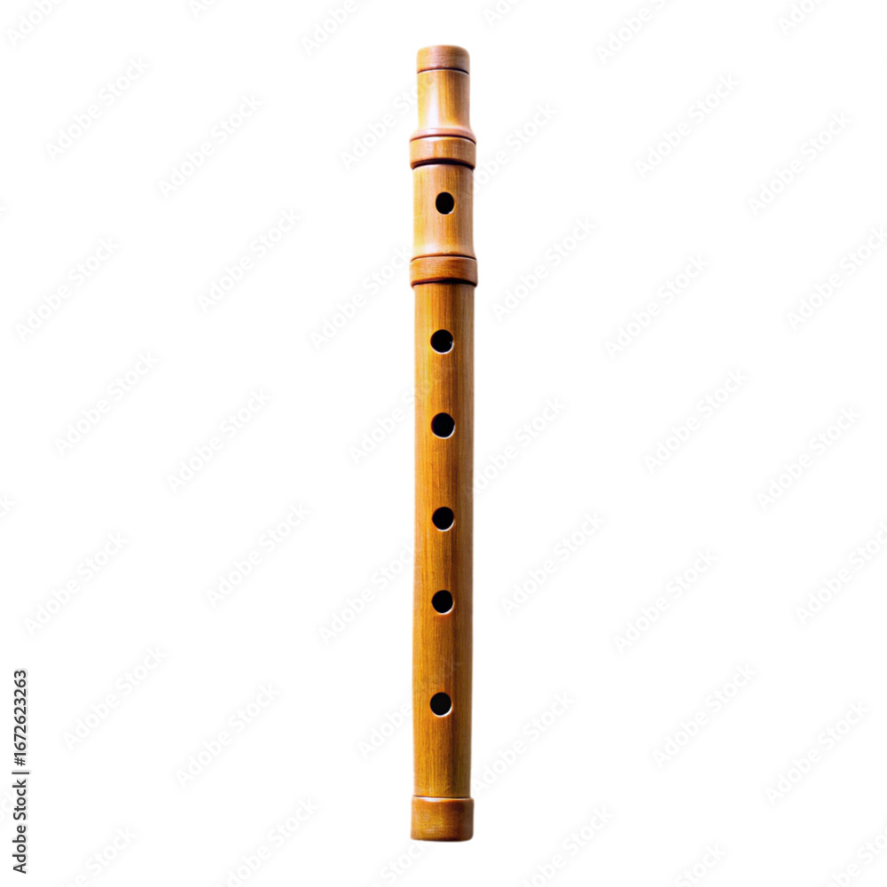Fototapeta premium A vertical shot of a light brown wooden flute with finger holes against a black background in the studio created with generated ai