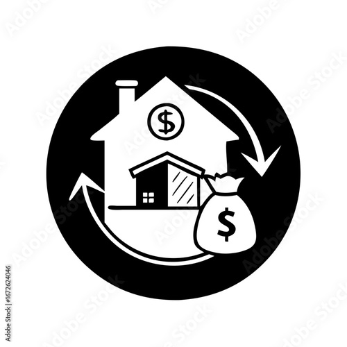 Real estate investment icon with money bag and house symbol icon