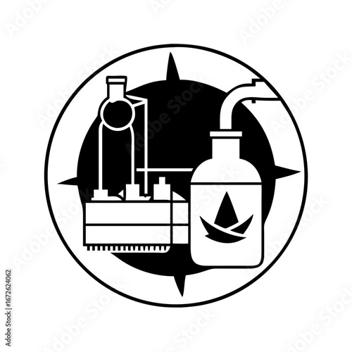 Scientific distillation apparatus in a circle with compass rose icon