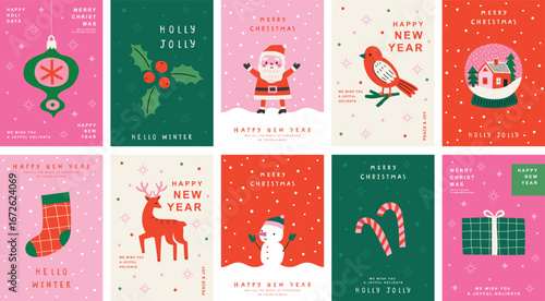 Christmas Minimalist card set - abstract Holidays flyers. Lettering with Christmas and New Year decorative elements. Vector illustration.