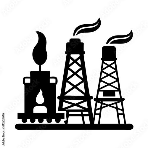 Silhouette of oil derricks with a burning candle and smoke icon