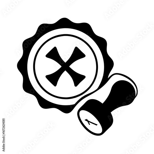 Black silhouette of a rubber stamp with a stylized x mark icon