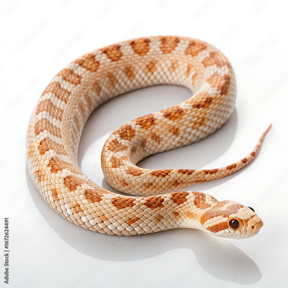 Obraz premium A coiled snake with light tan scales and brown spots on a white background in a studio setting