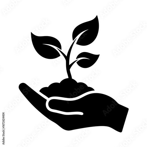Hand holding soil with a young plant growing icon
