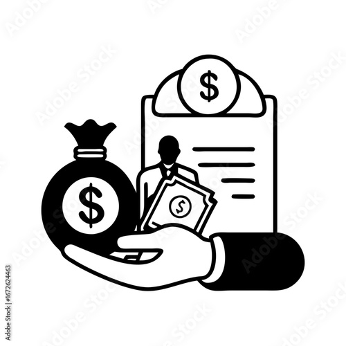Hand holding money and document with dollar sign icon