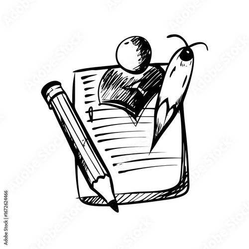Handdrawn sketch of a pencil, paper, and pencil sharpener icon