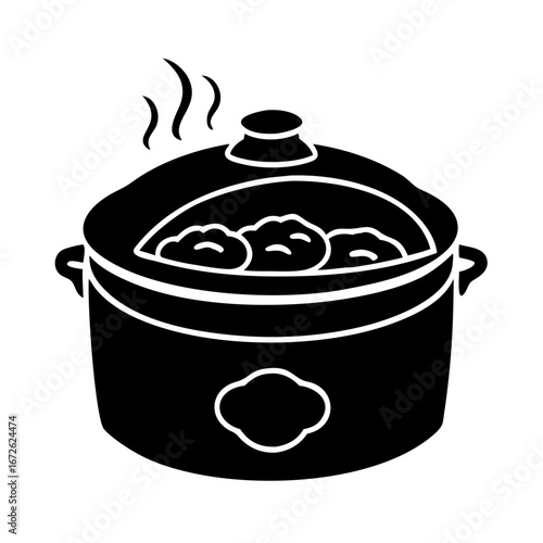 Silhouette of a slow cooker with food inside, steaming, indicating a hot meal icon